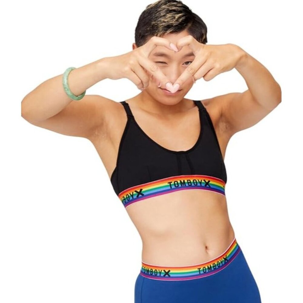 TomboyX‎ Prism Scoop Bralette Wireless Crossback Light Support Black Rainbow XS